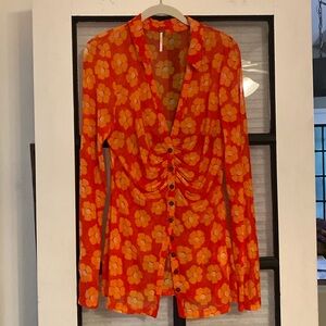 Free People Button Down Retro Inspired Floral Print Blouse